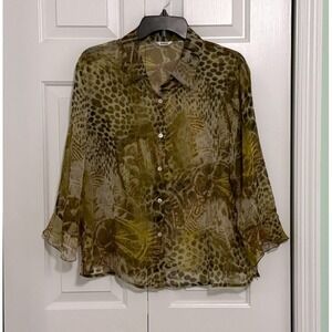 Women's Nicola Sheer Bell Sleeves Green Animal Print Blouse - Size L
